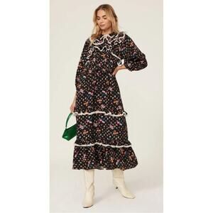 sz 40 black Hofmann copenhagen Bea floral ruffle dress  Victorian Vtg look